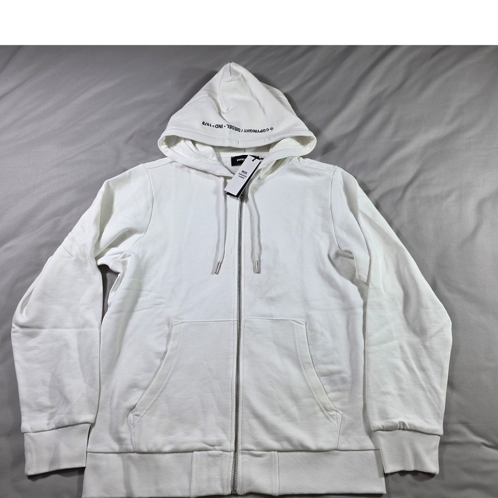 Diesel Full Zip White French Terry Sweatshirt Hoodie Mens Medium NEW w/ flaw